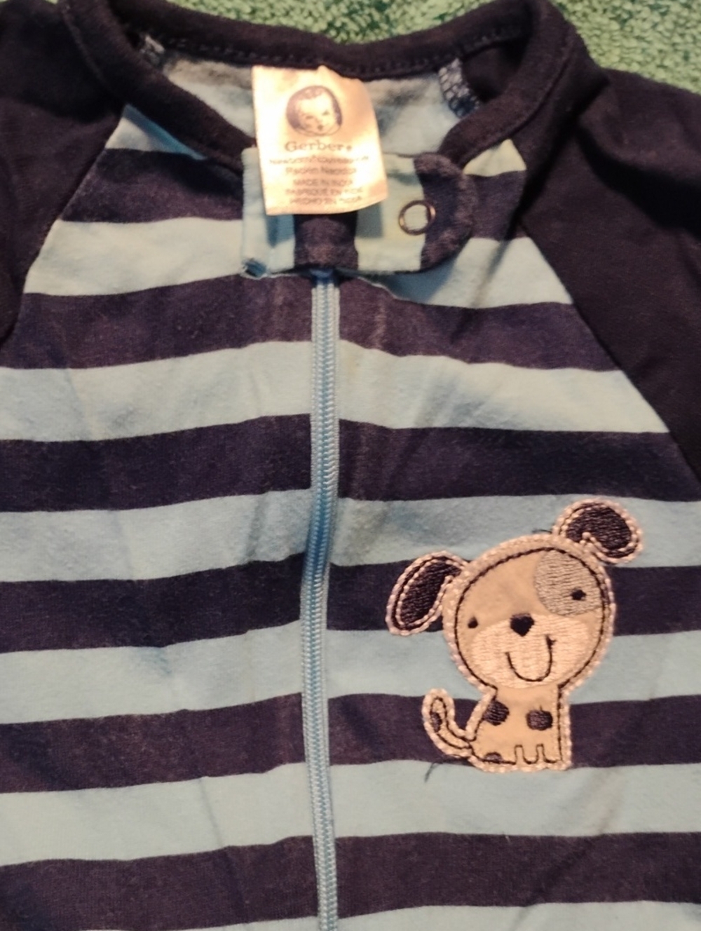 Gerber Navy and Light Blue Striped Footed One-Piece with Puppy Applique
